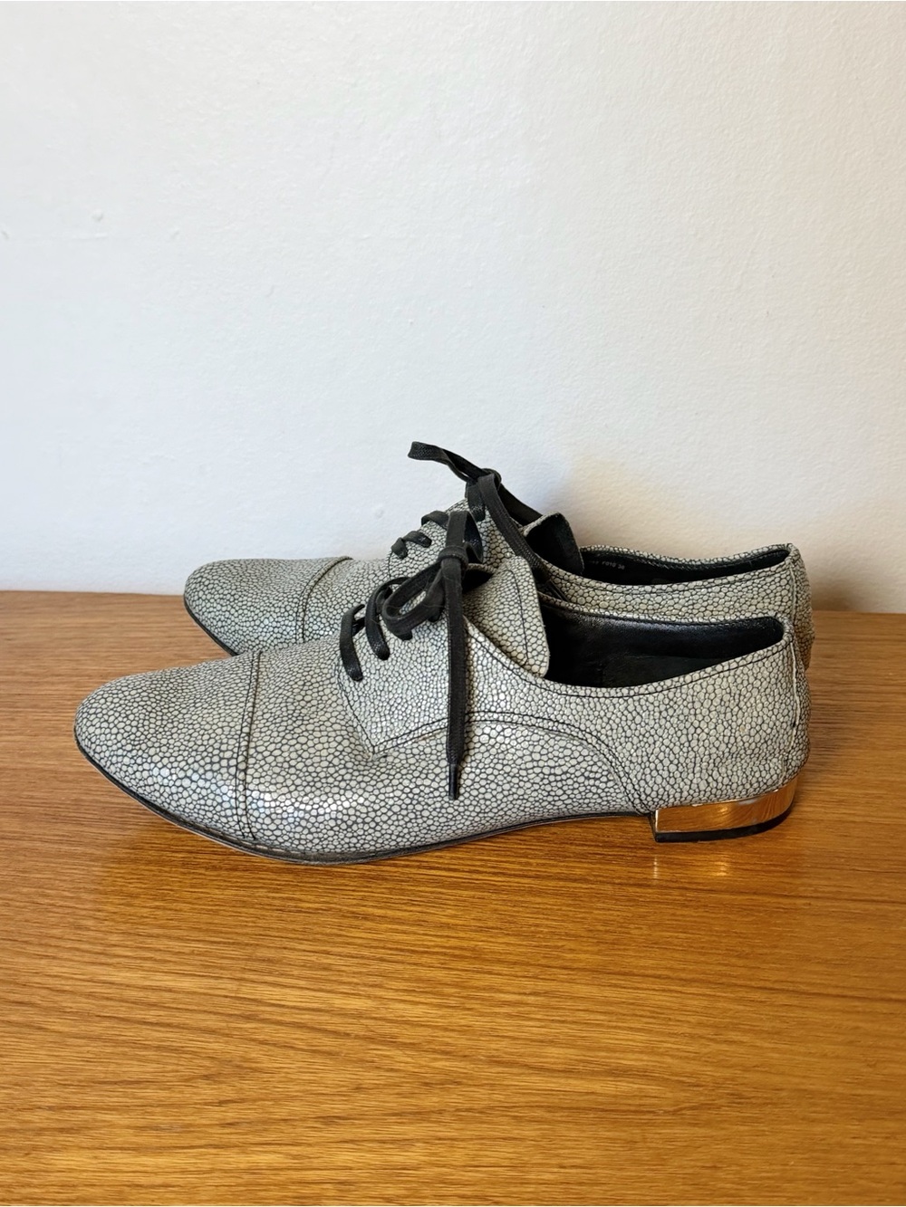 Miu Miu Metallic Silver Lace-Up Pointed Oxfords with Black Laces